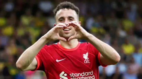 Reuters A mid-shot of Diogo Jota with his hands in the shape of a heart.