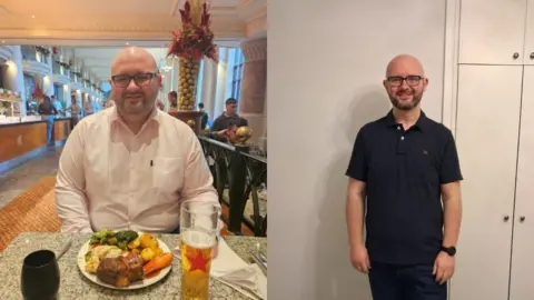 A before and after shot of Chris Giles, who is bald, has black stubble and wears glasses. On the left, he is overweight, sitting in a pub with a roast dinner and pint of lager. One the right, he is much slimmer, wearing a dark polo shirt.