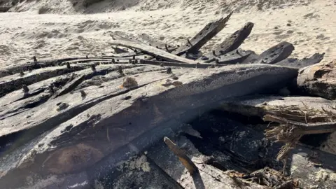 Shaun Whitmore/BBC Timbers from the ships hull lay on a sandy beach. Connecting dowels or pegs stick out of each piece of timber.