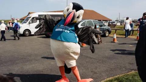 Bren O'Hara A puffin costume which is black and white with big orange feet and a red and purple beak has its black wings outstretched for the camera and is wearing a blue Yorkshire Wildlife Trust top. Behind is a car park and small one floor building with people wandering about.