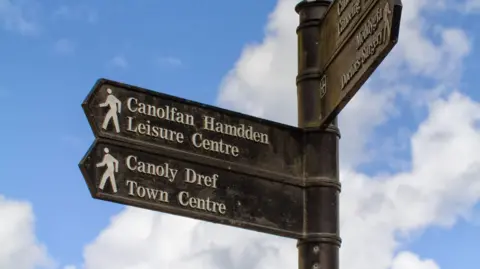 Multi directional Welsh sign for Leisure Centre and Town Centre