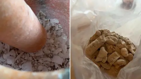 A split image of shells being ground with a pestle and mortar, and charcoal and soot in a plastic bag