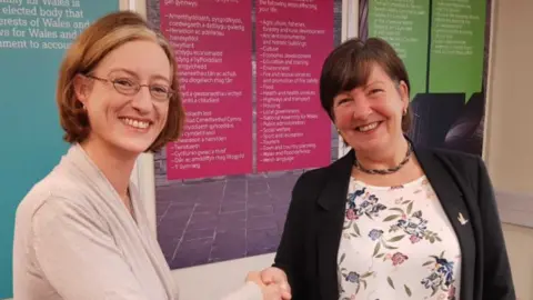 UKIP Mandy Jones (r) was welcomed by into the UKIP group by fellow North Wales AM Michelle Brown