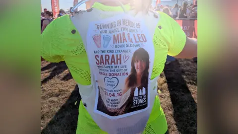 Louise Prashad A runner wearing a bright yellow‑green top and a hydration pack stands among other participants, with a printed memorial sign on their back featuring coloured footprints, a photo, and a message honouring twin babies Mia and Leo and an organ donor named Sarah.