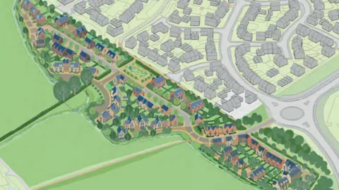 Kislingbury Farm LLP A drawing shows lots of house outlines in grey in the background with more homes (in colour) in the foreground.