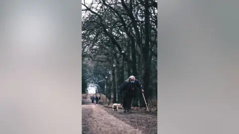 Yu Wang An elderly gentleman with a walking stick ambling down a country path on an similarly overcast day, with a small white dog. to his left. A couple walks the same path in the other direction, in the distance.