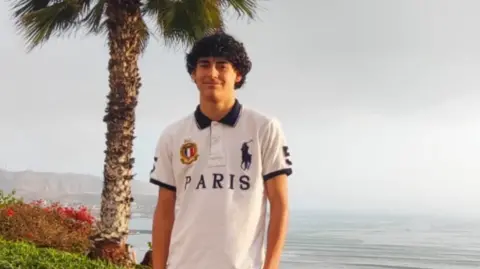 A teenage boy with dark curly hair and wearing a white t-shirt. He is standing at a beach. There is a palm tree behind him.