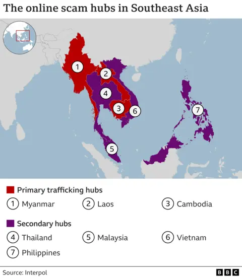 The countries involved in online scam hubs in Southeast Asia include Myanmar, Laos, Cambodia, the Philippines, Malaysia, Thailand, and Vietnam.