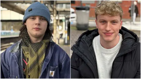 Passengers Edward and Joshua at a rail station on Saturday