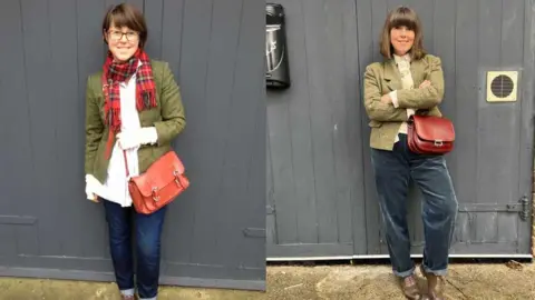 Caroline Jones On the left is Caroline Jones in 2015. She has short brown hair. She wear a white blouse and an olive green jacket with blue jeans and holds a tan bag. She is wearing a red tartan scarf.  On the right is Caroline Jones in 2025. She has brown shoulder-length hair and a fringe. She is wearing a cream blouse and tank top with an olive green jacket, blue trousers, a tan bag and brown lace up shoes. The background in both is the same grey garage doors.