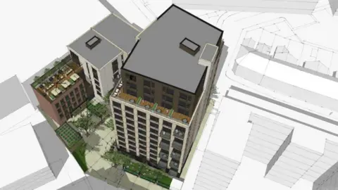 CW Architects Artist impressions of the two new blocks of co-living apartments that will replace Asset House on Penarth Road, Cardiff. It is an aerial shot of the two blocks, which show an open space with tables and communal areas on the rooftop. Green areas and trees can be seen at the bottom of the buildings. 