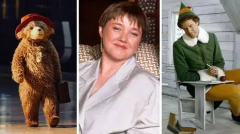 Triple image shows Paddington Bear, actress Pauline Quirke and Will Ferrell in an Elf costume