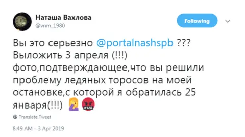 Natalya Vakhlova Tweet complaining about slow ice clearing in St Petersburg, April 2019