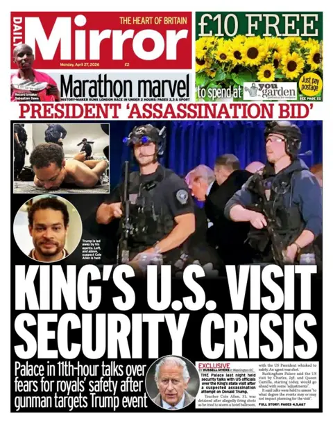 The headline on the front page of the Daily Mirror reads 'King's US visit security crisis'