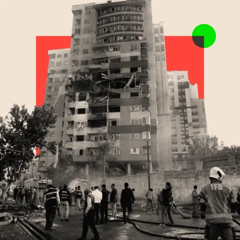 BBC Treated image of a damaged building in the Iranian capital, Tehran, following an Israeli attack, on 13 June 2025.