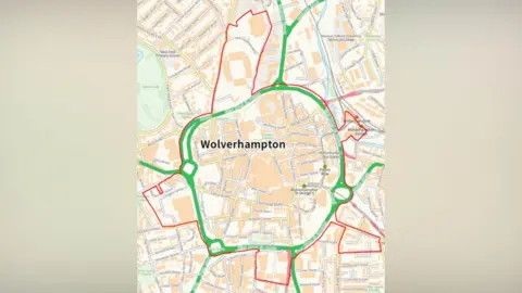City of Wolverhampton Council A map of Wolverhampton city cente outlined in green
