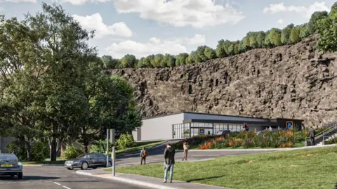 An image of what the Aldi supermarket will look like, to the right are walls of a quarry