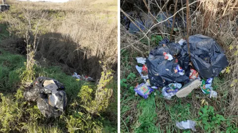 Wiltshire Council A pile of black bags dumped in a field in Warminster. The rubbish includes crisp packets, plastic bottles and a welly boot.