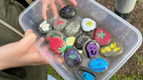 John Devine/BBC Painted rocks in a plastic tub. There are colourful pictures on each one including a strawberry and butterfly, and the name of the Facebook group is on the other side.