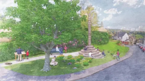 A hand drawing of a small green verge with a stone cross on it. Children are playing and people are sitting on the grass with a town in the background.