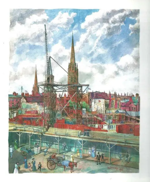 CC, CCBY, Coventry Archives A watercolour painting showing the construction of Coventry's Council House viewed from Earl Street. The skyline of Coventry includes the tower of the cathedral and many medieval buildings. 