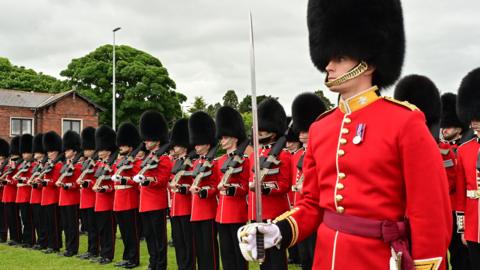 Irish Guards formation at Drumhead Service at Armed Forces Day 2024 Jordanstown Loughshore Park