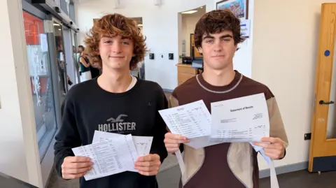 Two boys with long hair wearing jumpers are holding up their GCSE results.