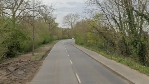 A Google Street image of an empty road with trees either side.