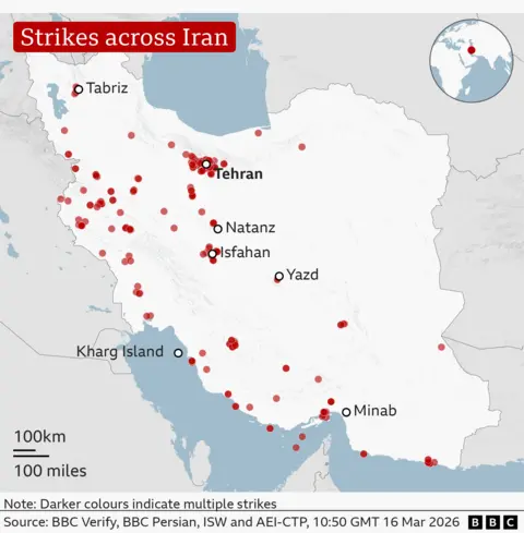BBC The image is a map of Iran with red dot symbols indicating locations which have had one or more US and Israeli strikes. In addition some key cities are labelled, these include:- Tabriz (north west Iran)- Tehran (north central Iran, the capital)- Natanz (central Iran)- Isfahan (central Iran)- Yazd (central Iran)- Minab (south Iran)Also labelled is Kharg Island, to the south-west of Iran.The map includes a small inset globe in the top-right corner highlighting Iran’s location in the Middle East. A BBC logo appears in the bottom-right corner. The borders of surrounding countries and coastlines are faintly outlined, but the focus is on the distribution of strike locations across Iran.
