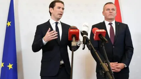 AFP/Getty Images Austrian Chancellor Sebastian Kurz (left) and Defence Minister Mario Kunasek at a press conference in Vienna. Photo: 9 November 2018