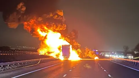 Lorry consumed by fireball on M62 in Liverpool