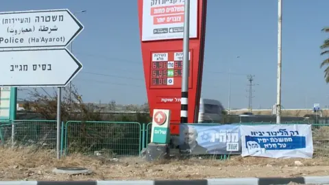 Campaign banners for Benjamin Netanyahu at a petrol station in Mitzpe Ramon