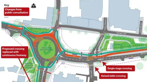 Bristol City Council A map graphic of the Redcliffe roundabout in Bristol with planned new pedestrian crossings shown along with landmarks and other roads