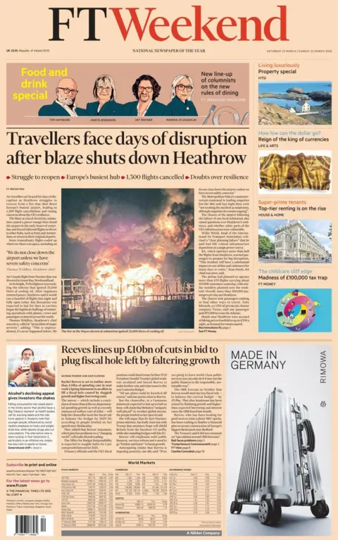 The headline in the Financial Times Weekend reads: Travellers face days of disruption after blaze shuts down Heathrow