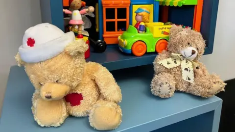Two soft toys are on a light blue table at a slight angle. A toy car and other toys are on a ledge just above them.