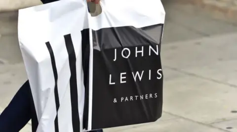 A stock image showing a person wearing blue jeans carrying a large black and white plastic carrier bag with 'John Lewis & Partners' printed on the side