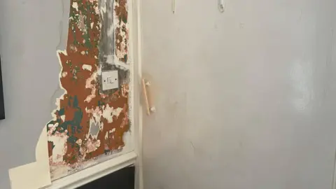 A wall which has been badly damaged by a water leak. The wall was light blue but the paint has been stripped away. Surrounding a light switch, it is orange and green with spots of blue and is next to a white door with a light pink handle.