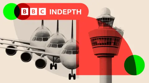 Montage showing aeroplanes and an air traffic control tower