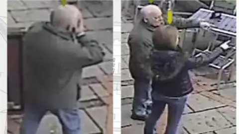 Dawn Sturgess Inquiry A side by side of two CCTV images capturing Sergei Skripal and his daughter Yulia Skripal in the streets of Salisbury. He is wearing blue jeans and a green coat. She is wearing dark blue skinny jeans and a padded jacket with a fur lined hood. 