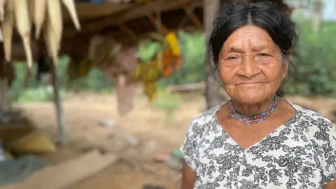 검은 머리카락을 고정하고 검은색 꽃이 달린 흰색 상의와 목걸이를 착용한 BBC Tsimane 여성