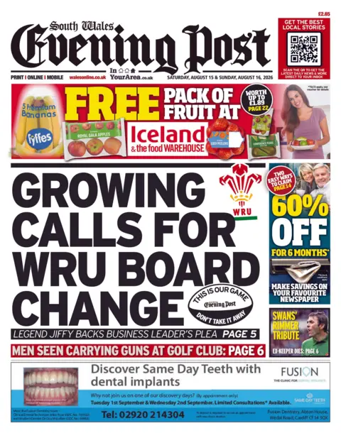 South Wales Evening Post front page. The main headline reads: Growing calls for WRU board change. Legend Jiffy backs business leader's plea. 