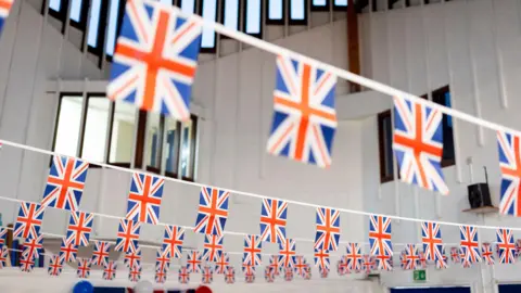 Decorations inside London Hermitage Primary School as Ross Kemp and Dame Kelly Holmes attend a buffet brunch to launch VE Day 80 with school children.