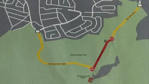 Leeds City Council A map indicating two roads in large green space marked in yellow and a third marked in red. Roads indicating a more urban estate can be seen at the top of the map.
