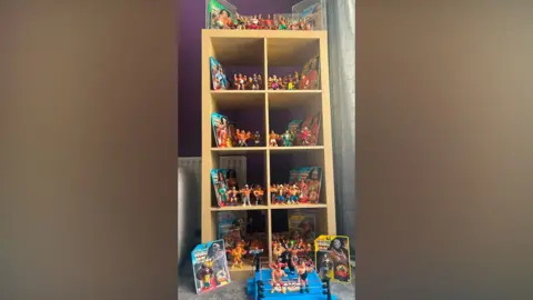 Paul Baird A shelving unit filled with wrestling figures. Some are in their packaging and on the floor is a blue wrestling ring with several figures standing in it