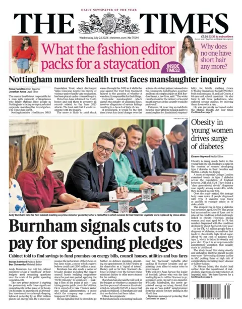 The headline on the front page of the Times reads: “Burnham signals cuts to pay for spending pledges”.
