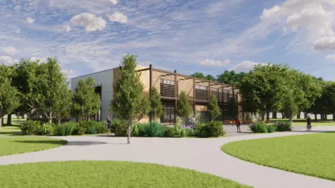 Peterborough City Council An artist's impression of what the new pool building could look like. It shows a wooden-clad box-like structure with two people walking in front, along with trees, grass, and tables and chairs outside. 
