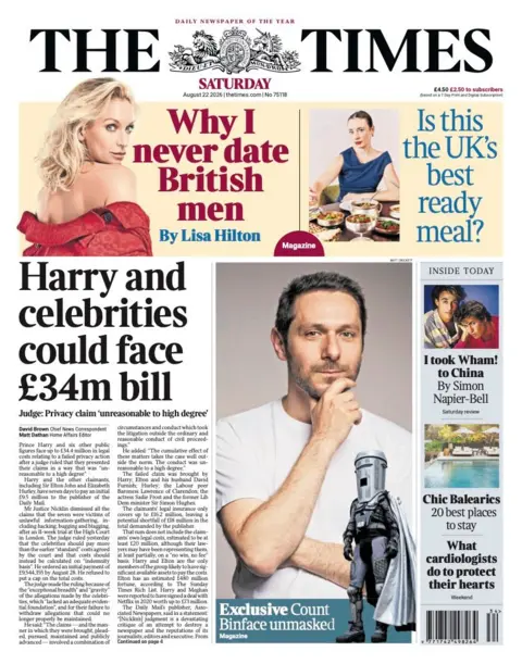 "Harry and celebrities could face £34m bill" reads the headline on the front page of the Times.