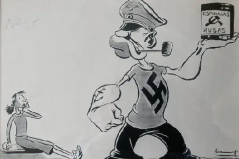 Lindah Kiddey, Armengol Estate This black and white cartoon shows Hitler as a 'Popeye' style character, with a pipe in his mouth. A woman is shown looking up and shocked. He is holding a tin can in one had, with the words Espinagas and Rusas on the label.