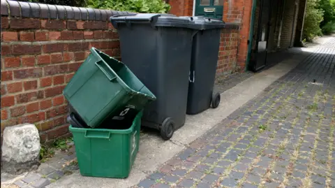 Two green recycling bins stacked on top of each other next to two black wheelie bins, which are side by side on a street edge.