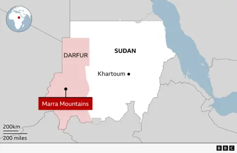Map of Sudan showing the capital, Khartoum, and hightlighting the Darfur region and the Marra Mountains in red.